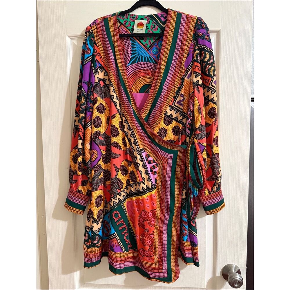 FARM Rio Bold Multi-Print Wrap Dress in Pink, Purple, Orange, Yellow, Green